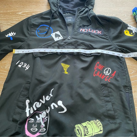 Rue 21 No Luck Forever Young Graphic Hoodie Anorak Windbreaker Jacket Mens Small - Picture 3 of 17
